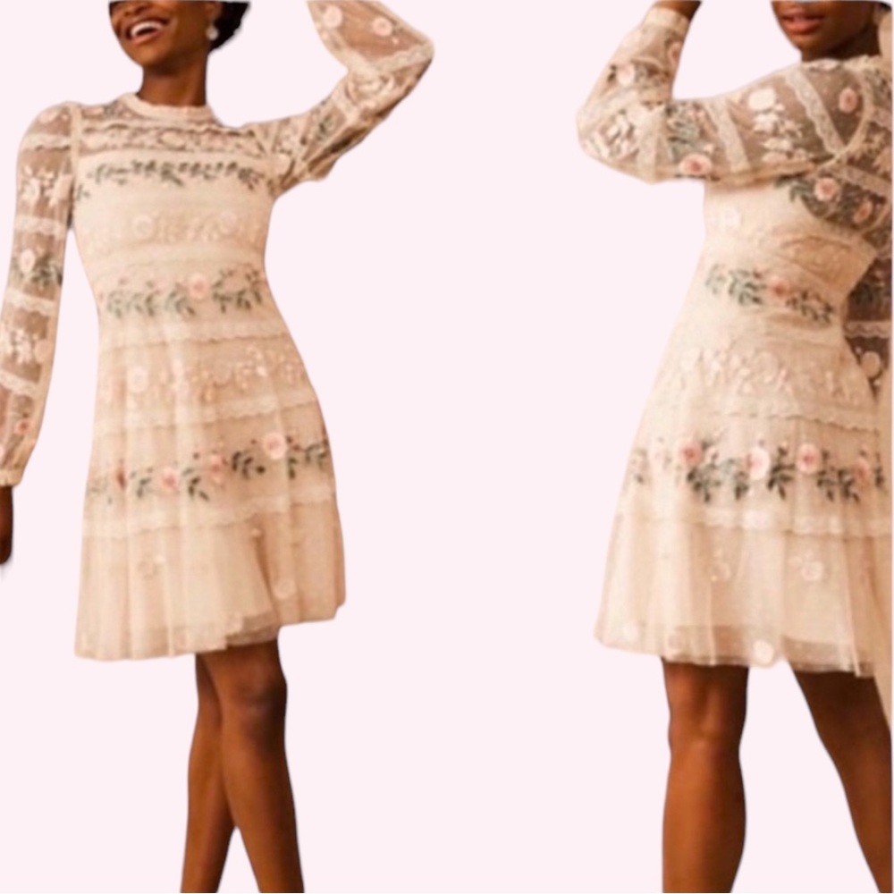 Needle & Thread x BHLDN Precious Rose 2 / XS Pink Embroidered Sequin Lace Formal - Picture 10 of 16